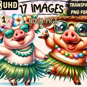 Hula Pigs Clipart - 17 PNG Tropical Pig Graphics, Colorful Hawaii Piggy Hula Printables, Instant Digital Download, Unlimited Commercial Use