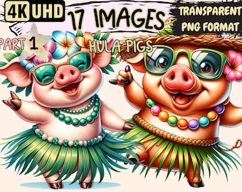 Hula Pigs Clipart – 17 PNG Graphics, Tropical Hawaii Theme (Digital Download)