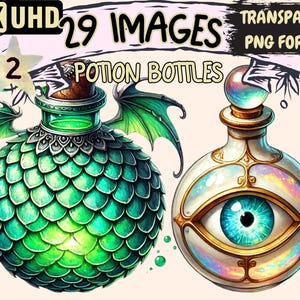 Botellas de poción (P2) Clipart - 29 ilustraciones PNG de botellas mágicas, arte de brujería de fantasía, descarga digital instantánea, uso comercial ilimitado