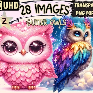 Glitzer-Eulen (P2) Clipart - 28 PNG funkelnde Eulen-Grafiken, süße bunte Eulen-Druckvorlagen, sofortiger digitaler Download, unbegrenzte kommerzielle Nutzung