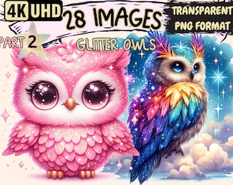 Glitter Owls (P2) Clipart - 28 PNG Sparkling Owl Graphics, Cute Colorful Owl Printables, Instant Digital Download, Unlimited Commercial Use