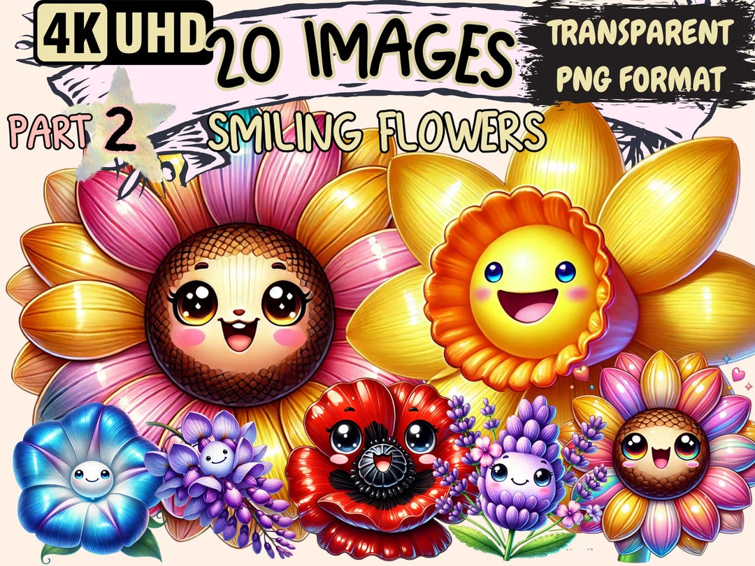 Smiling Flowers Clipart – Cheerful Floral PNG Illustrations (digital ...