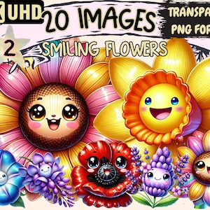 Smiling Flowers (P2) Clipart - 20 PNG Cheerful Floral Illustrations, Cute Flower Art, Instant Digital Download, Unlimited Commercial Use