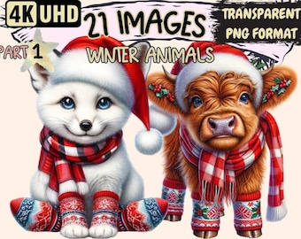 Winter Animals Clipart: Christmas Holiday Pets PNG Graphics (Digital Download)