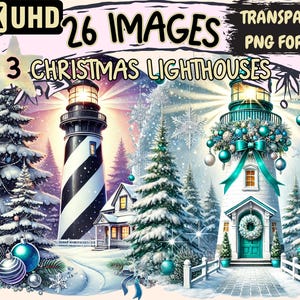 Christmas Lighthouses (P3) Clipart - 26 PNG X-Mas Lighthouse Illustrations, Holiday Art,Instant Digital Download,Unlimited Commercial Use