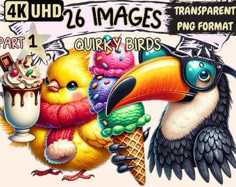 Quirky Birds Clipart – 26 Fun PNG Graphics, Commercial Use (Digital Download)