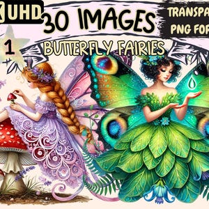 Butterfly Fairies Clipart - 30 PNG Enchanted Magical Winged Graphics, Fairy Fantasy Illustrations,  Instant Digital Download, Commercial Use