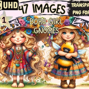 Boho Girl Gnomes Clipart - 47 PNG Whimsical Gnome Graphics, Bohemian Printables, Instant Digital Download, Unlimited Commercial Use Crafts