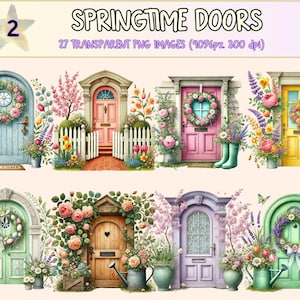 Op de afbeelding: Een set van 27 digitale afbeeldingen met grillige lentedeuren versierd met kransen, bloemen en andere lentethema's. De deuren zijn in verschillende kleuren, waaronder blauw, roze, geel, groen en paars. Elke deur is omgeven door weelderig groen en bloemen, wat een charmante en feestelijke sfeer creëert.