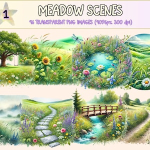 Meadow Scenes Clipart - 46 PNG Pastoral Landscape Nature Graphics, Wildflower Field Illustrations,  Instant Digital Download, Commercial Use