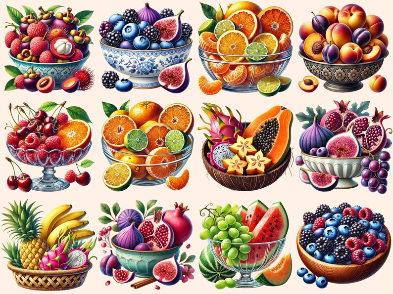 Watercolor Summer Fruit Bowls Clipart – 30 PNG Graphics (digital ...