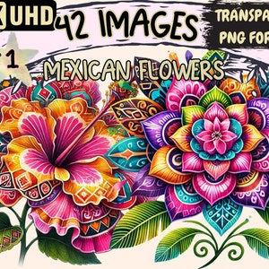 Mexican Flowers Clipart - 42 PNG Vibrant Floral Graphics, Cultural Printables, Instant Digital Download, Unlimited Commercial Use for Crafts