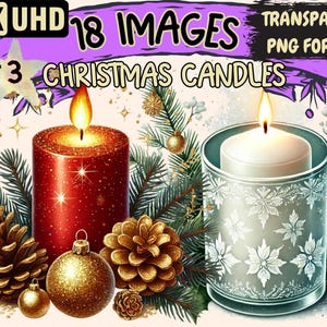 Christmas Candles (P3) Clipart - 18 PNG Festive Candle Illustrations, Holiday Art, Instant Digital Download, Unlimited Commercial Use Crafts