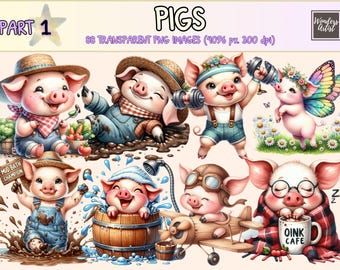 Pigs Clipart Bundle - 88 PNG Cute Adorable Piggy Graphics, Farm Animals Printables, Instant Digital Download, Unlimited Commercial Use