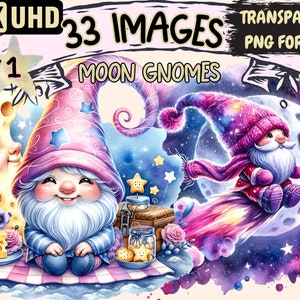 Puede incluir: Dos gnomos, uno sentado en una luna creciente con una cuña de queso y el otro volando en un cometa, sobre un fondo de cielo nocturno estrellado. Los gnomos llevan sombreros rosas y morados con estrellas y tienen barbas blancas. La imagen forma parte de un conjunto de 33 imágenes en 4K UHD, disponibles en formato PNG transparente.