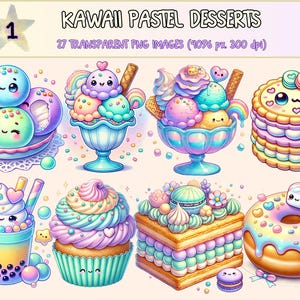 Kawaii Pastel Desserts Clipart - 27 PNG Cute Sweet Treat Graphics, Pastel Ice Cream Illustrations, Instant Digital Download, Commercial Use