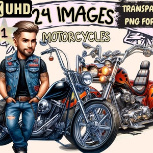 Motorräder Clipart - 24 PNG-Grafiken mit Motorrädern, Druckbare Rock-Biker-Fahrzeuge, sofortiger digitaler Download, unbegrenzte kommerzielle Nutzung