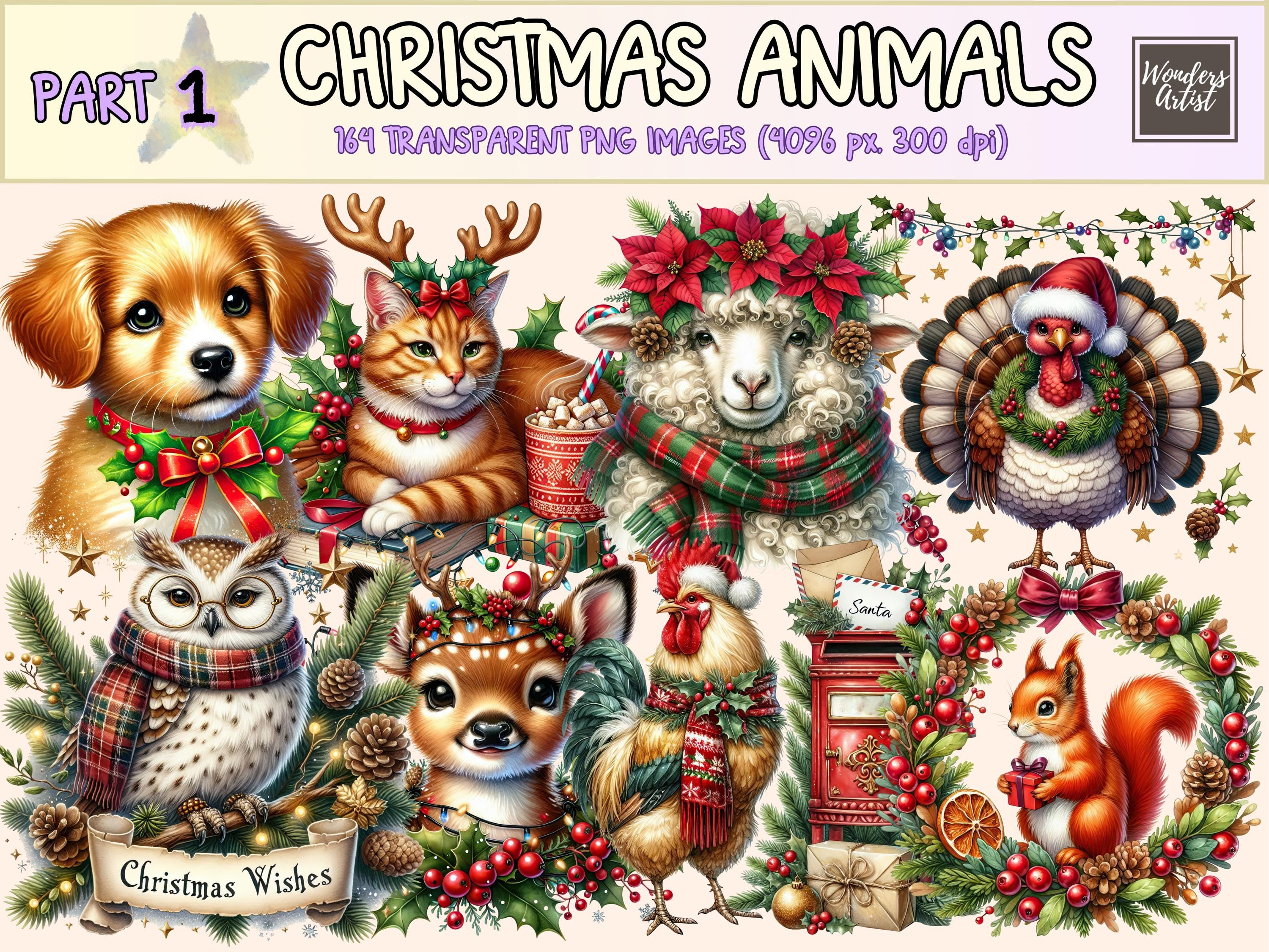 Christmas Animals Clipart - 164 PNG X-Mas Animal Illustrations, Cute Noel Art, Instant Digital Download, Unlimited Commercial Use for Crafts