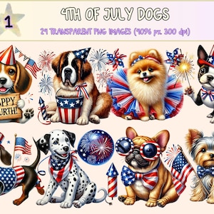 4th of July Dogs (P1) Clipart - 24 PNG Patriotic Puppy Graphics, Red White Blue Dog Illustrations, Instant Digital Download, Commercial Use