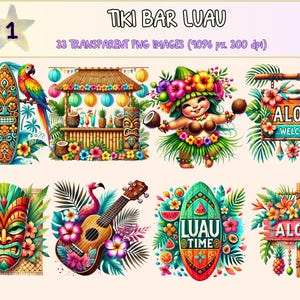 Tiki Bar Luau Clipart - 33 PNG Tropical Party Graphics, Island Summer Drink Printable Illustrations, Instant Digital Download,Commercial Use