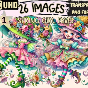 Spring Girl Elves Clipart - 26 PNG Whimsical Elf Illustrations, Floral and Seasonal Art, Instant Digital Download, Unlimited Commercial Use