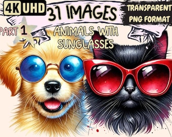 Animals with Sunglasses Clipart – 31 PNG Illustrations (Digital Download)