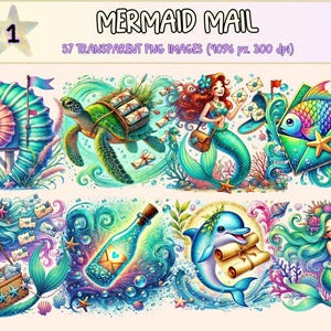 Mermaid Mail Clipart – Watercolor Ocean Graphics (57 PNG) (Digital Download)