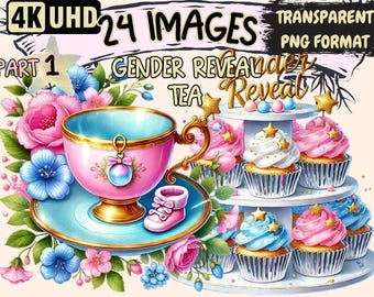 Gender Reveal Tea Party Clipart – Pink & Blue PNG Graphics (Digital Download)