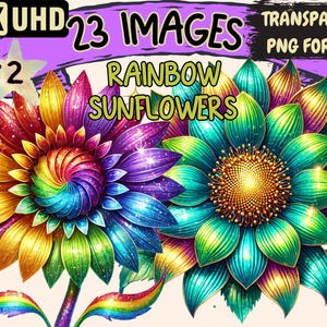 Rainbow Sunflowers (P2) Clipart - 23 PNG Colorful Floral Illustrations, Vibrant Art, Instant Digital Download, Unlimited Commercial Use