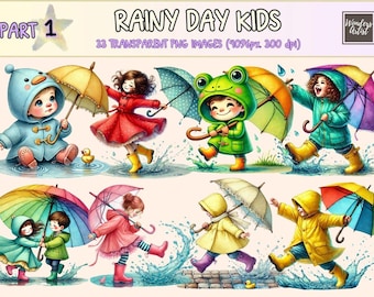 Rainy Day Kids (P1) Clipart - 33 PNG Cute Weather Graphics, Umbrella & Raincoat Illustrations, Instant Digital Download, Commercial Use