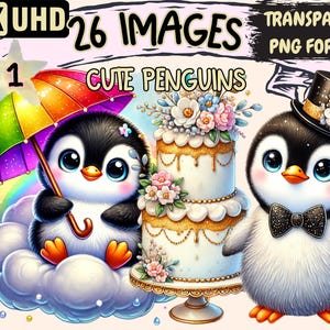 Cute Penguins Clipart - 26 PNG Adorable Penguin Illustrations, Winter-Themed Art, Instant Digital Download, Unlimited Commercial Use