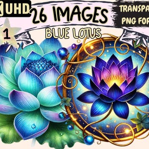 Blue Lotus Clipart - 26 PNG Elegant Flower Illustrations, Floral Tranquil Botanical Art, Instant Digital Download, Unlimited Commercial Use