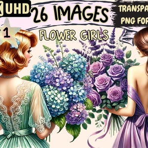 Flower Girls Clipart - 26 PNG Cute Floral Graphics, Adorable Wedding Printables, Instant Digital Download, Unlimited Commercial Use