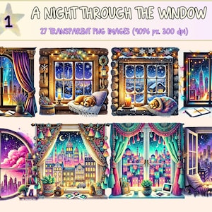 A Night Through the Window Clipart - 27 PNG Dreamy Nighttime Graphics, Moonlit Window Illustrations, Instant Digital Download,Commercial Use