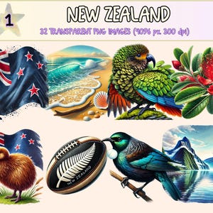 New Zealand (P1) Clipart - 32 PNG Scenic Travel Landscape Graphics, Kiwi Culture Illustrations, Instant Digital Download, Commercial Use