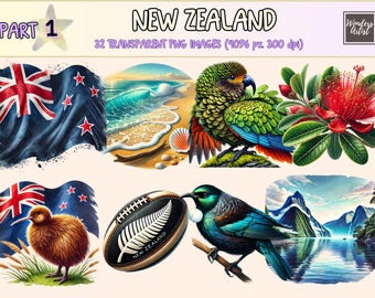 New Zealand (P1) Clipart - 32 PNG Scenic Travel Landscape Graphics, Kiwi Culture Illustrations, Instant Digital Download, Commercial Use