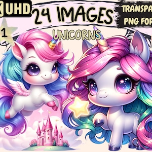 Unicorns Clipart - 24 PNG Cute Magical Unicorn Graphics, Fairytale Whimsical Printables, Instant Digital Download, Unlimited Commercial Use