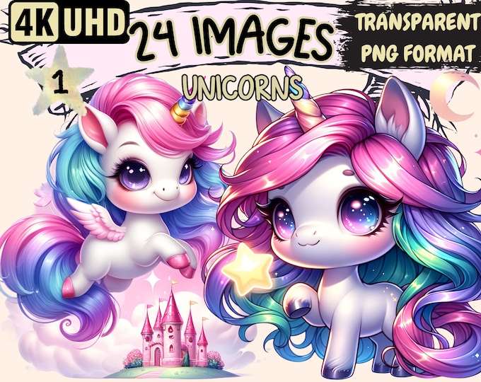 Unicorns Clipart - 24 PNG Cute Magical Unicorn Graphics, Fairytale Whimsical Printables, Instant Digital Download, Unlimited Commercial Use