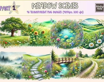 Pastoral Meadow Scenes Clipart – Watercolor Landscape PNG (Commercial Use)