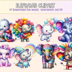 Elephants Clipart – 99 PNG Graphics, Playful Cartoon Art (Digital Download)