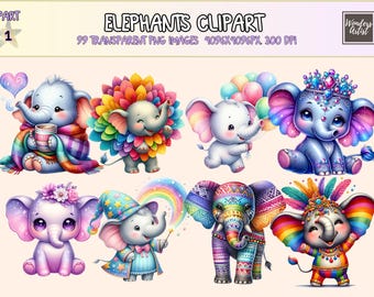 Elephants Clipart – 99 PNG Graphics, Playful Cartoon Art (Digital Download)