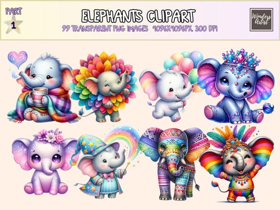 Elephants Clipart – 99 PNG Graphics, Playful Cartoon Art (Digital Download)