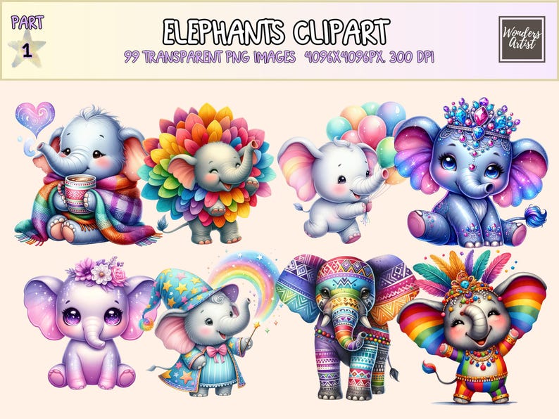 Elephants Clipart – 99 PNG Graphics, Playful Cartoon Art (Digital Download) image 1