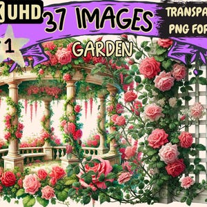 Garden Clipart - 37 PNG Botanical Flowers Illustrations, Floral Gardens Art, Instant Digital Download, Unlimited Commercial Use for Crafts