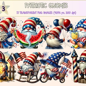 Patriotic Gnomes (P3) Clipart - 21 PNG USA 4th Of July Graphics, Red White & Blue Illustrations, Instant Digital Download, Commercial Use