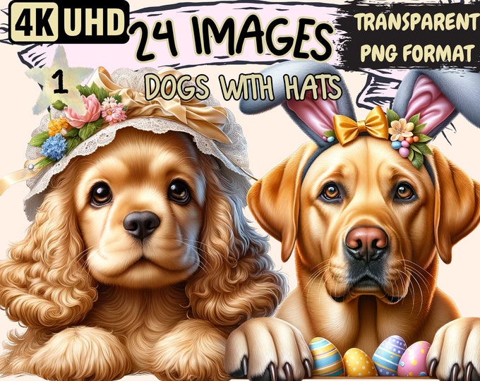 Dogs with Hats Clipart - 24 PNG Cute Dogs with Caps Graphics, Adorable Puppy Printables, Instant Digital Download, Unlimited Commercial Use