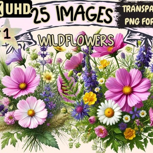 Wildflowers Clipart - 25 PNG Beautiful Floral Graphics, Nature Printables, Instant Digital Download, Unlimited Commercial Use for Crafts