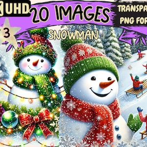 Snowman (P3) Clipart - 20 PNG Winter Christmas Snowman Illustrations, Holiday Art, Instant Digital Download, Unlimited Commercial Use Crafts