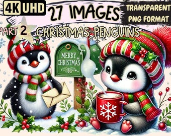 Christmas Penguins Clipart – 27 PNG Holiday Illustrations (Digital Download)