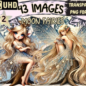 Moon Fairies (P2) Clipart - 43 PNG Enchanting Fairy Graphics, Magical Printables, Instant Digital Download, Unlimited Commercial Use Crafts
